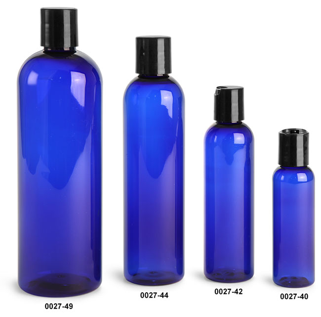 Plastic Bottles, Blue PET Cosmo Rounds with Smooth Black Disc Top Caps