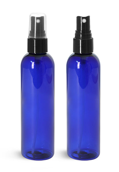 Plastic Bottles, Blue PET Cosmo Round Bottles w/ Smooth Black Fine Mist Sprayers