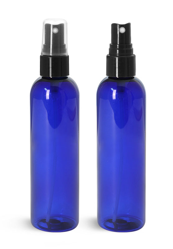 Plastic Bottles, Blue PET Cosmo Round Bottles w/ Smooth Black Fine Mist Sprayers
