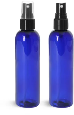 Blue PET Cosmo Round Bottles w/ Smooth Black Fine Mist Sprayers