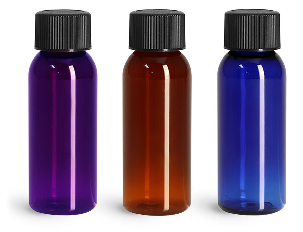 PET Plastic Bottles, Cosmo Round Bottles w/ Black Ribbed PE Lined Caps