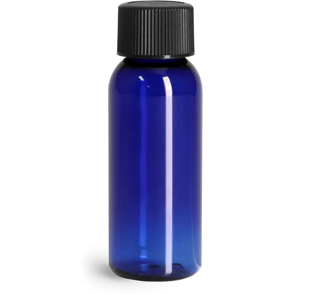 Blue PET Cosmo Round Bottles w/ Black Ribbed PE Lined Caps
