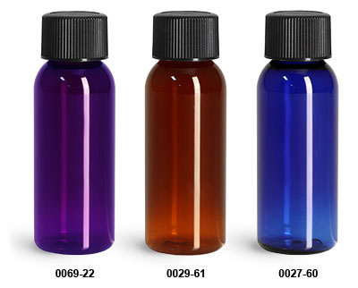 Plastic Bottles, PET Cosmo Round Bottles w/ Black Ribbed PE Lined Caps