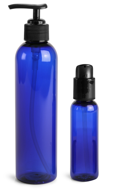 Plastic Bottles, Blue PET Cosmo Round Bottles w/ Lotion Pumps & Treatment Pumps