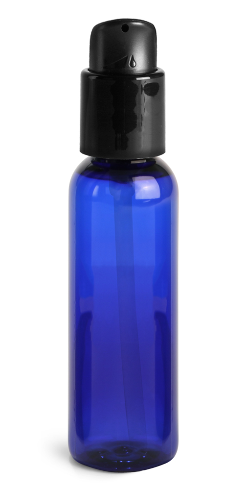 2 oz Blue PET Cosmo Round Bottles w/ Black Treatment Pumps