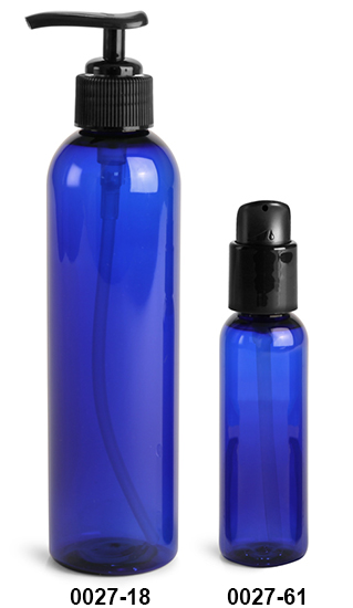 Plastic Bottles, Blue PET Cosmo Round Bottles w/ Black Lotion Pumps & Treatment Pumps