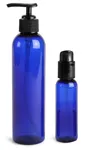 Plastic Bottles, Blue PET Cosmo Round Bottles w/ Lotion Pumps & Treatment Pumps