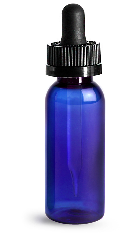 1 oz  Plastic Bottles, Blue PET Cosmo Round Bottles w/ Black Child Resistant Droppers