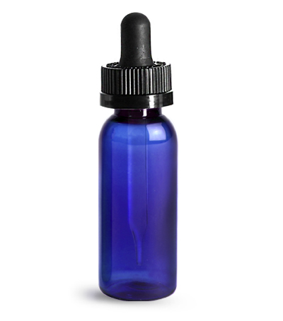 Plastic Bottles, 1 oz Blue PET Cosmo Round Bottles w/ Black Child Resistant Droppers