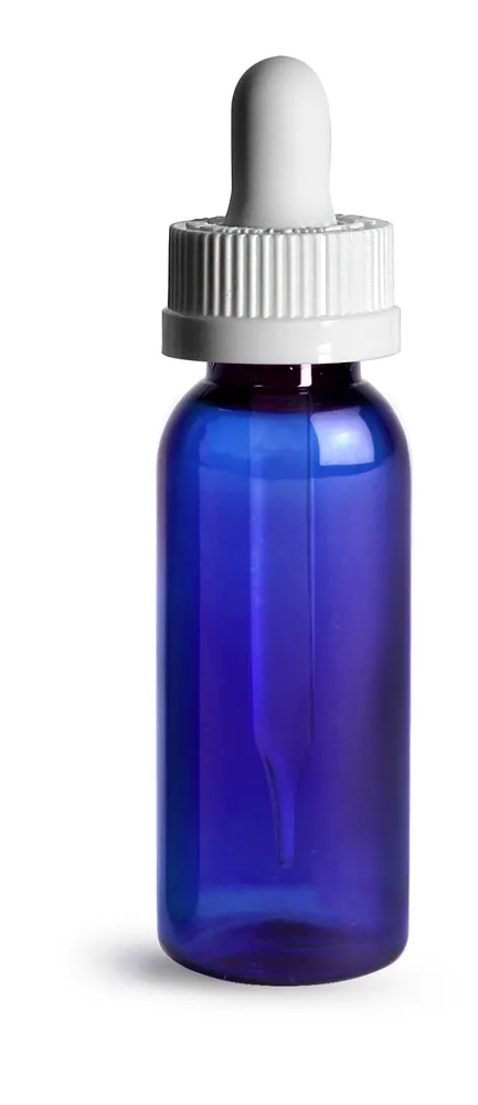 1 oz Plastic Bottles, Blue PET Cosmo Round Bottles w/ White Child Resistant Droppers