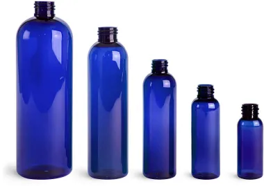 PET Plastic Bottles, Blue Cosmo Round Bottles (Bulk), Caps Not Included