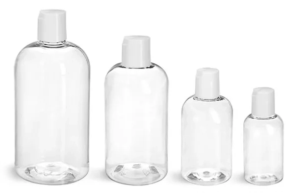 PET  Clear Boston Round Bottles w/ <br/>Smooth White Disc Top Caps