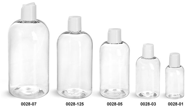 Plastic Bottles, Clear PET Boston Round Bottles With Smooth White Disc Top Caps