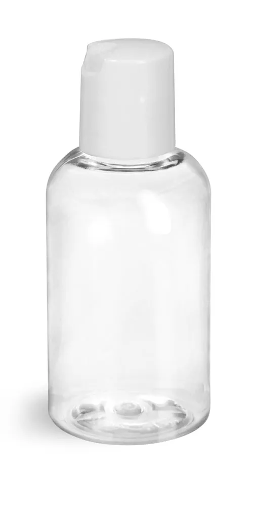 2 oz Clear PET Boston Round Bottles w/ Smooth White Disc Top Caps