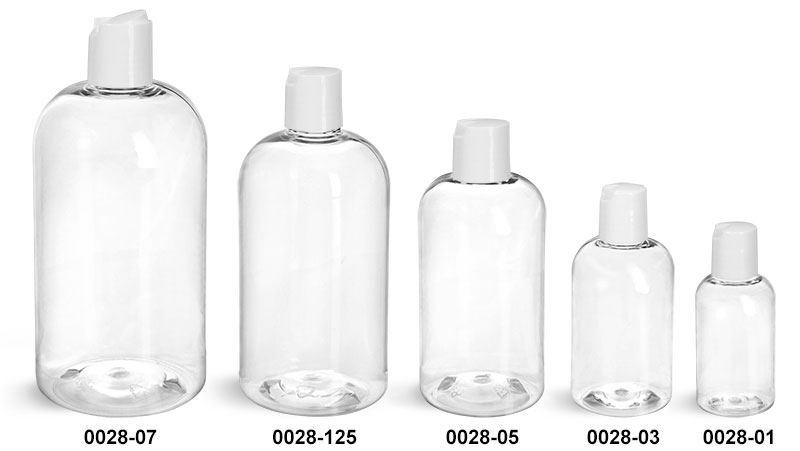Plastic Bottles, Clear PET Boston Round Bottles With Smooth White Disc Top Caps