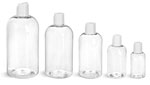 PET Plastic Bottles, Clear Boston Round Bottles w/ <br/>Smooth White Disc Top Caps