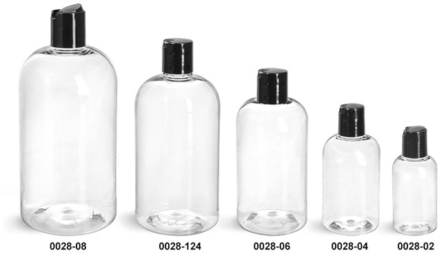 Plastic Bottles, Clear PET Boston Round Bottles With Smooth Black Disc Top Caps