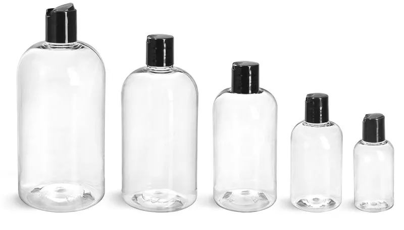 PET  Clear Boston Round Bottles w/ <br/>Smooth Black Disc Top Caps