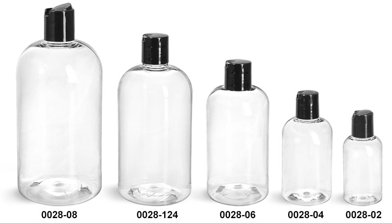 Plastic Bottles, Clear PET Boston Round Bottles With Smooth Black Disc Top Caps