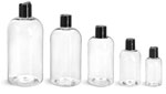 PET Plastic Bottles, Clear Boston Round Bottles w/ <br/>Smooth Black Disc Top Caps