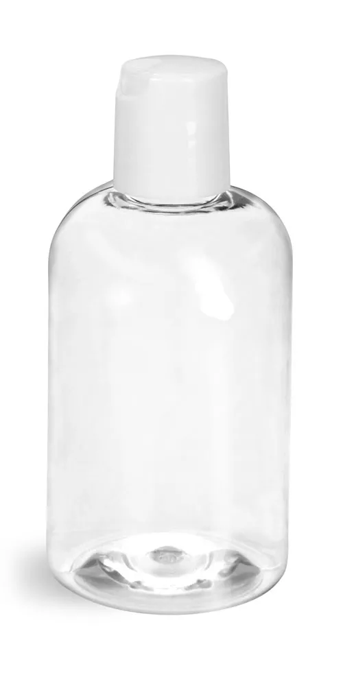 4 oz Clear PET Boston Round Bottles w/ Smooth White Disc Top Caps