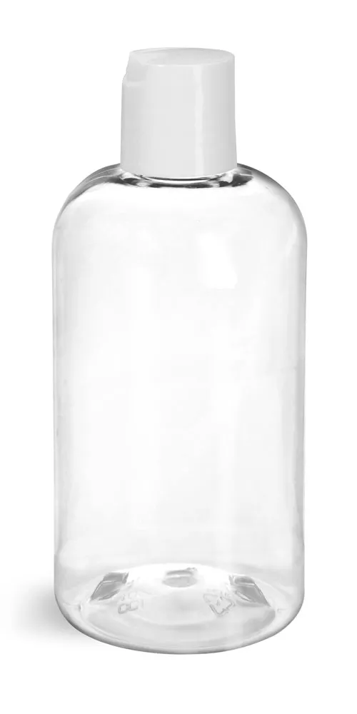 8 oz Clear PET Boston Round Bottles w/ Smooth White Disc Top Caps