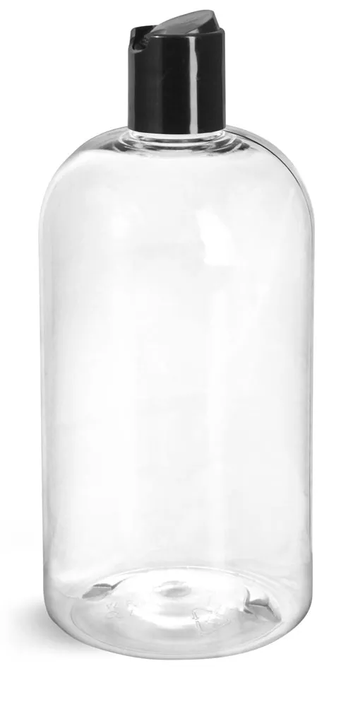 16 oz Clear PET Boston Round Bottles w/ Smooth Black Disc Top Caps