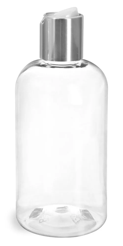 8 oz Clear PET Boston Round Bottles w/ Silver Disc Top Caps