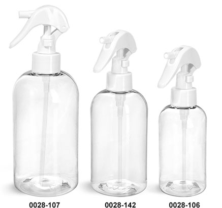 Plastic Bottles, Clear PET Boston Round Bottles w/ White Mini Trigger Sprayers