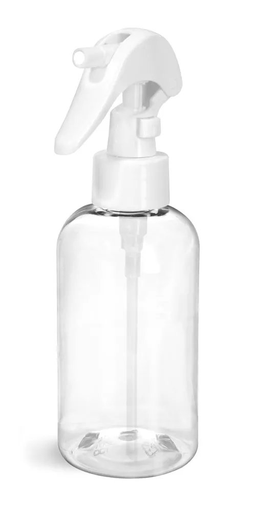 8 oz Clear PET Round Bottles w/ White Mini Trigger Sprayers