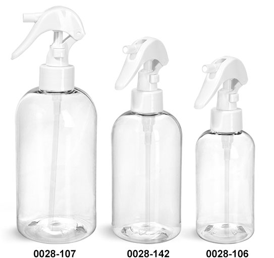 Plastic Bottles, Clear PET Boston Round Bottles w/ White Mini Trigger Sprayers