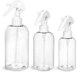 PET Clear Boston Round Bottles w/ White Mini Trigger Sprayers 