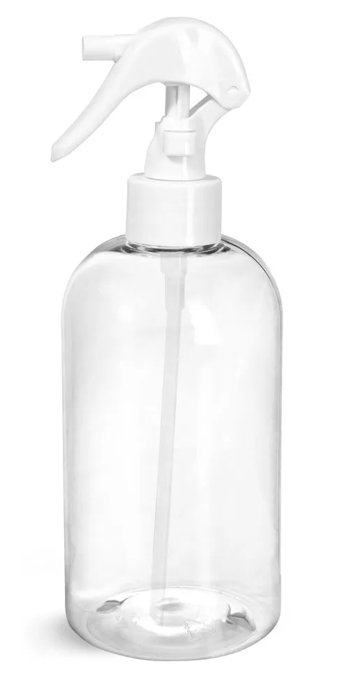 16 oz Clear PET Round Bottles w/ White Mini Trigger Sprayers