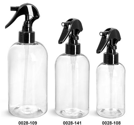 Plastic Bottles, Clear PET Boston Round Bottles w/ Black Mini Trigger Sprayers