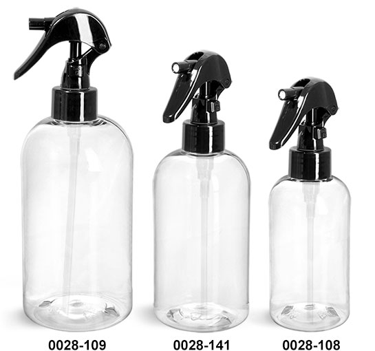 Plastic Bottles, Clear PET Boston Round Bottles w/ Black Mini Trigger Sprayers