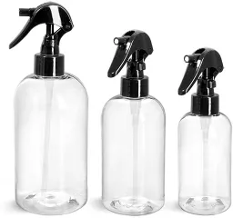 PET Clear Boston Round Bottles w/ Black Mini Trigger Sprayers  