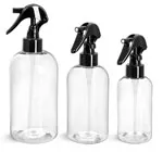 PET Plastic Bottles, Clear Boston Round Bottles w/ Black Mini Trigger Sprayers  