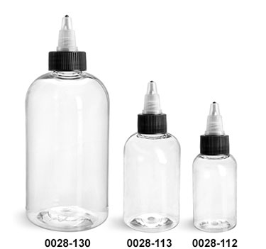 Plastic Bottles, Clear PET Boston Round Bottles w/ Black/Natural Induction Lined Twist Top Caps
