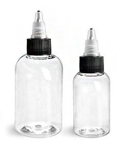 PET Plastic Bottles, Clear Boston Round Bottles w/ Black/Natural Induction Lined Twist Top Caps