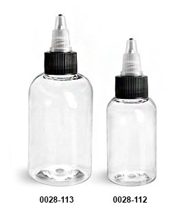 Plastic Bottles, Clear PET Boston Round Bottles w/ Black/Natural Induction Lined Twist Top Caps