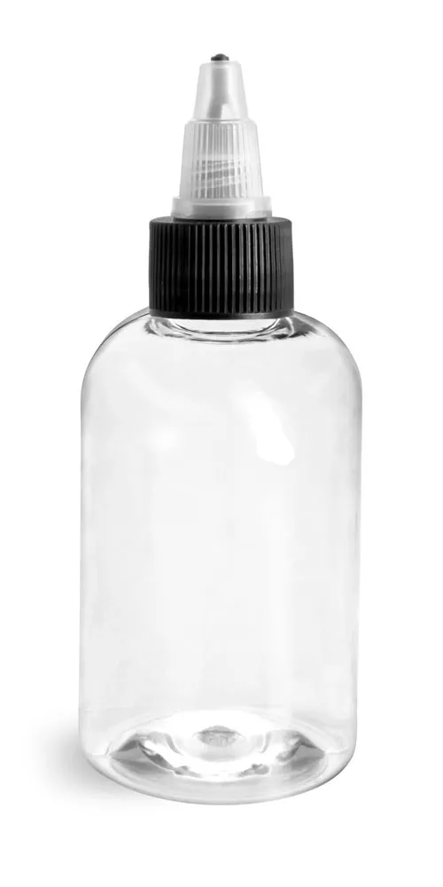 4 oz Plastic Bottles, Clear PET Boston Rounds w/ Black/Natural Induction Lined Twist Top Caps