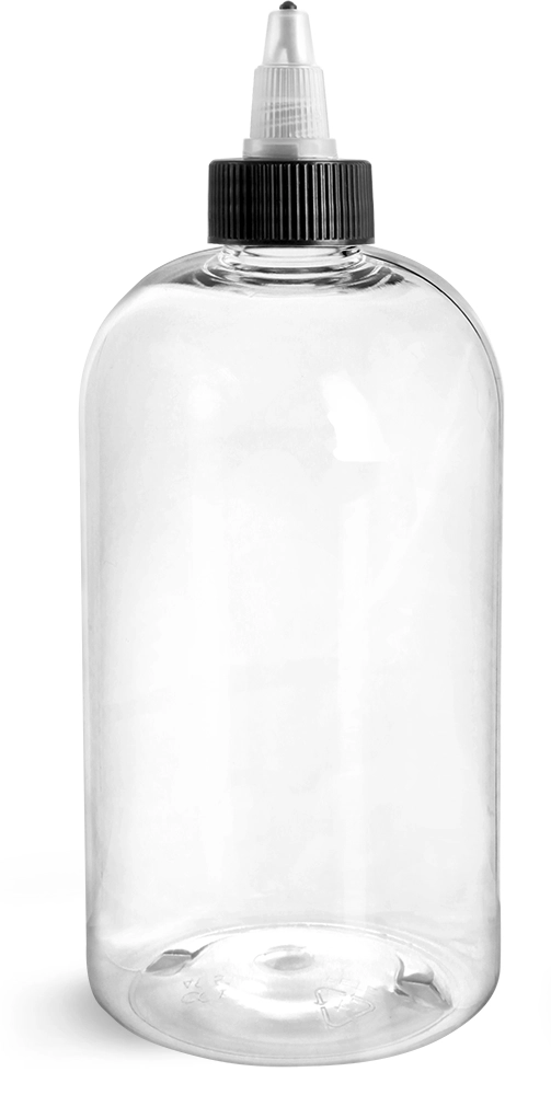 16 oz Clear PET Round Bottles w/ Black/Natural Twist Top Caps