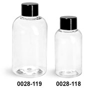 Plastic Bottles, Clear PET Boston Round Bottles w/ Black Smooth PS-22 Lined Caps