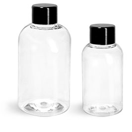 PET Plastic Bottles, Clear Boston Round Bottles w/ Black Smooth PS-22 Lined Caps