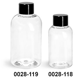 Plastic Bottles, Clear PET Boston Round Bottles w/ Black Smooth PS-22 Lined Caps