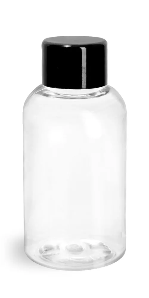 2 oz Plastic Bottles, Clear PET Boston Rounds w/ Black Smooth PS-22 Lined Caps