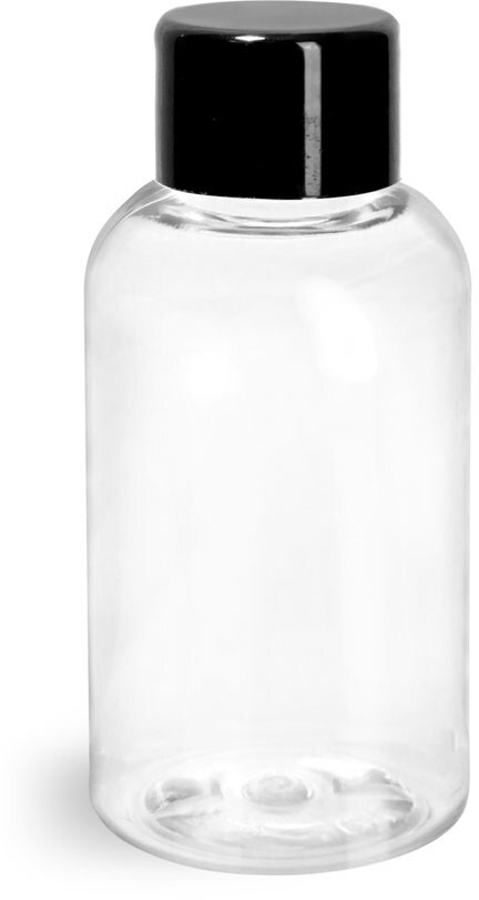 2 oz Plastic Bottles, Clear PET Boston Rounds w/ Black Smooth PS-22 Lined Caps