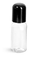 Plastic Bottles, Clear PET Boston Round Bottles With Smooth Black Dome Caps