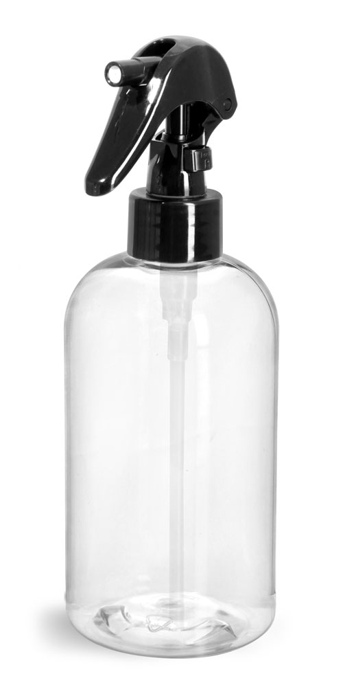 12 OZ CLEAR PET BOSTON ROUNDS W/ BLACK MINI TRIGGER SPRAYERS