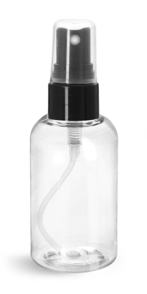 2 oz Plastic Bottles, Clear PET Boston Rounds w/ Smooth Black Fine Mist Sprayers